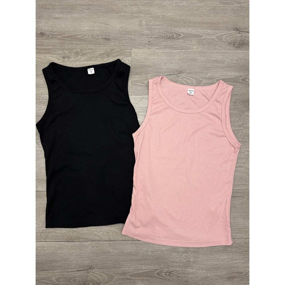 Ribbed Tank Top Bundle Pink Black Sleeveless Stretch Basic Layering 14Y Teen